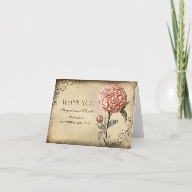 Vintage Hochzeit der rosa Pfingstrosenblüte danken Dankeskarte (Vorderseite)