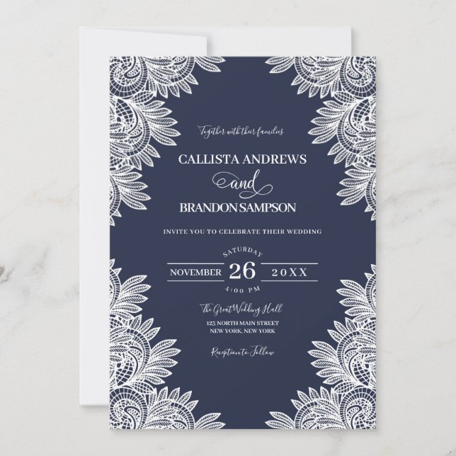 Vintage Hochzeit des blauen Spitzenleins Einladung (Vorderseite)