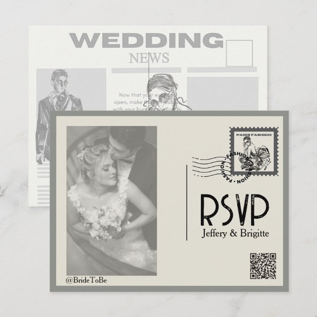 Vintage Hochzeit im modernen Zeitungsstil Postkarte (Vorne/Hinten)