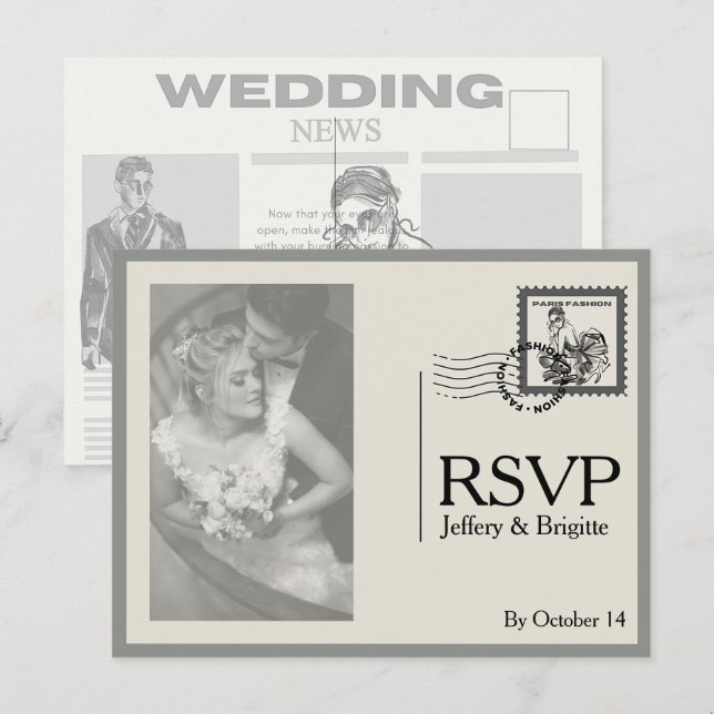 Vintage Hochzeit im modernen Zeitungsstil Postkarte (Vorne/Hinten)