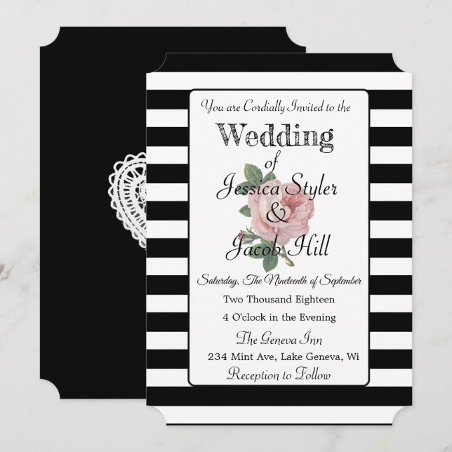 Vintage Hochzeit in Schwarz-Weiß-Rosa Einladung (Vorne/Hinten)