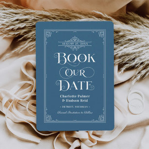 Vintage Hochzeit mit blauem Buchcover Save The Date