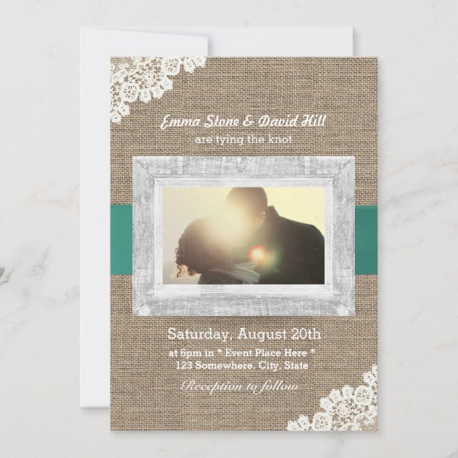 Vintage Hochzeit mit Burlap Foto Einladung (Vorderseite)