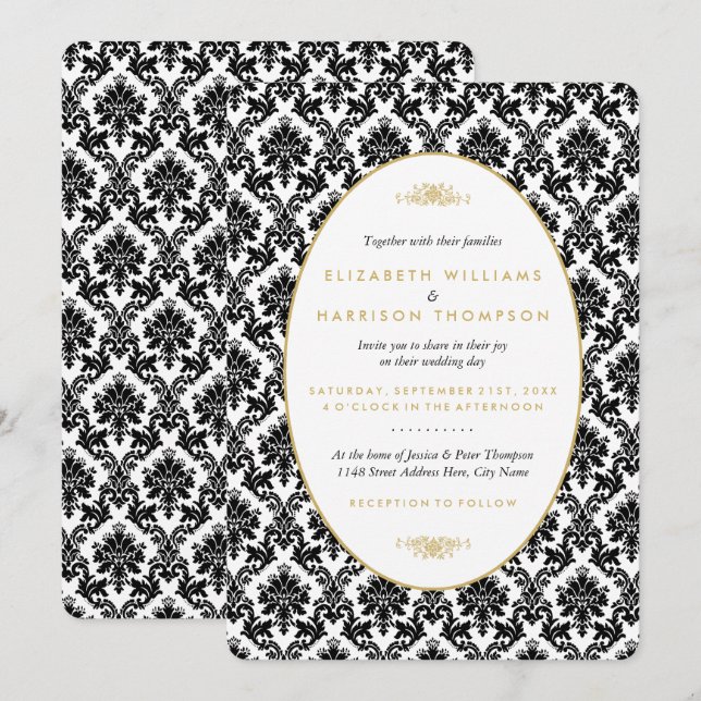 Vintage Hochzeit mit Gold, Schwarz und Weiß Einladung (Vorne/Hinten)