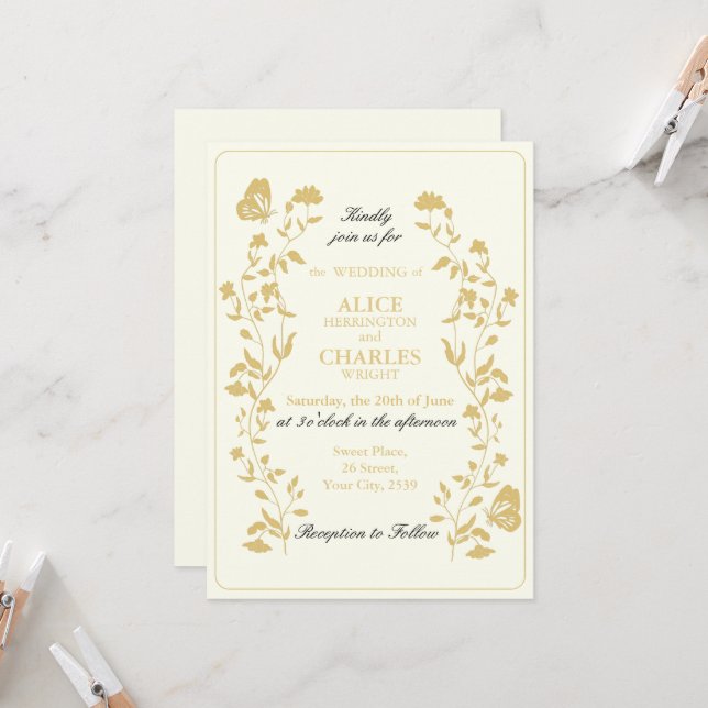 Vintage Hochzeit mit Gold und Creme Einladung (Vorderseite/Rückseite Beispiel)