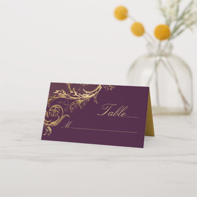 Vintage Hochzeit mit Lila Goldfloralen Platzkarte (Vorderseite)