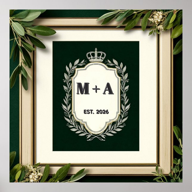 Vintage-Hochzeitsinitialen mit Krone  Poster (Vorne)