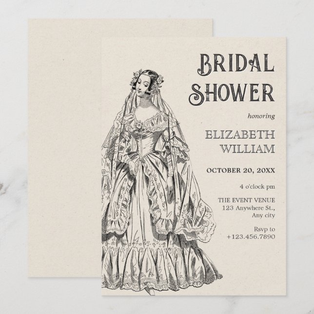 Vintage Hochzeitskleid Brautparty Einladung (Vorne/Hinten)
