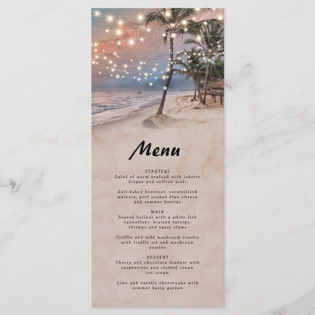 Vintage Hochzeitsmenüs des Tropical Beach Menükarte (Vorderseite)
