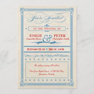 Vintage-Hochzeitsposter Rot, Weiß & Blau Einladung