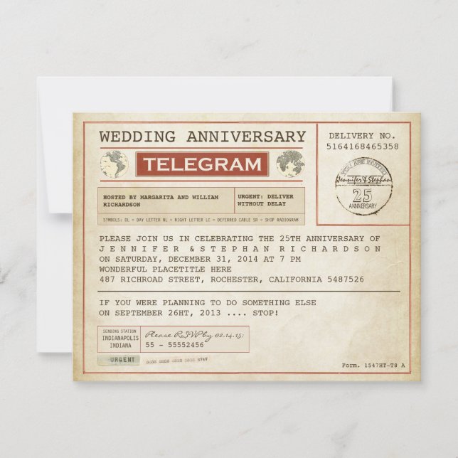 Vintage Hochzeitstag Telegramm Einladung (Vorderseite)
