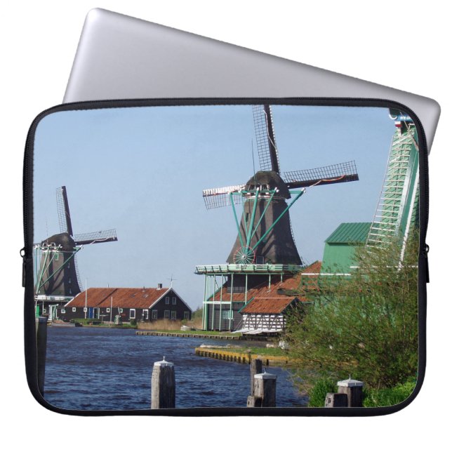 Vintage holländische Folklore Rotes Grün Windmühle Laptopschutzhülle (Vorderseite)