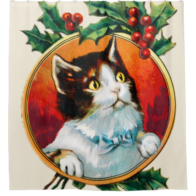 Vintage holly cute cat christmas duschvorhang (Vorderseite)