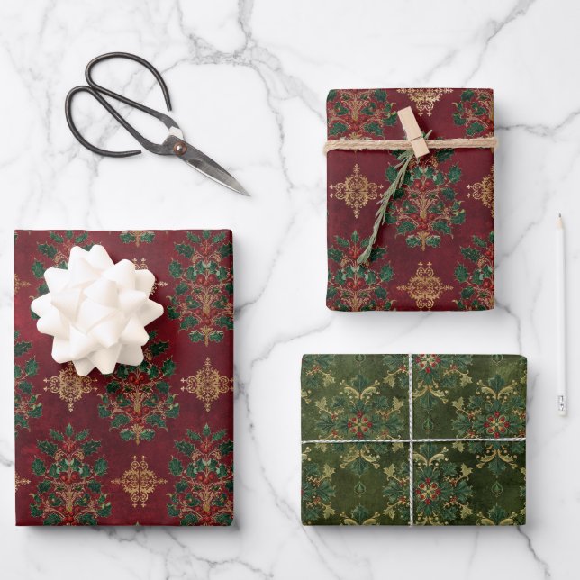 Vintage Holly Damask Pattern  Geschenkpapier Set (Vorderseite)