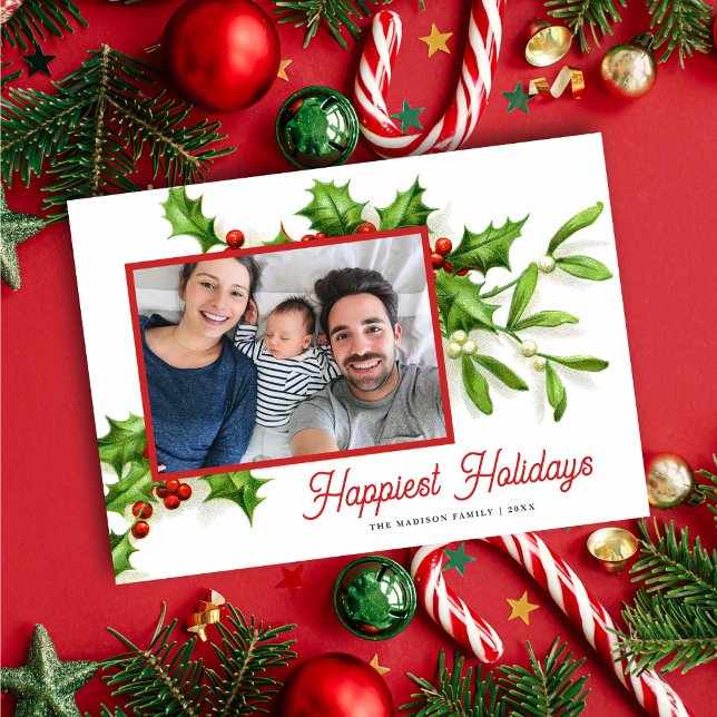 Vintage Holly Mistletoe Foto Holiday Card (Von Creator hochgeladen)
