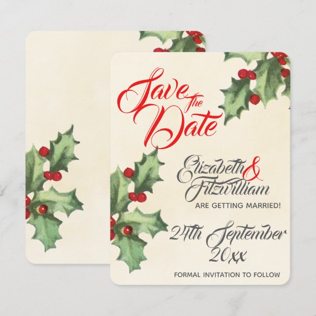Vintage Holly Wedding rettet das Datum Einladung (Vorne/Hinten)