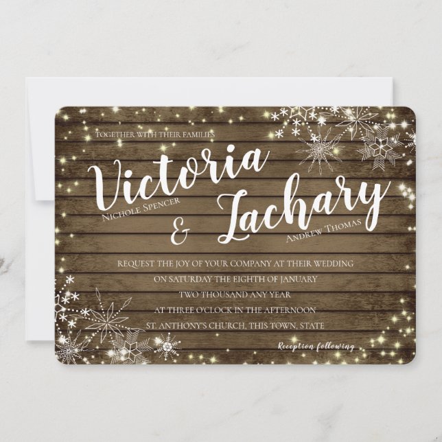 Vintage Holzschneeflocken und Sparkle-Hochzeit Einladung (Vorderseite)