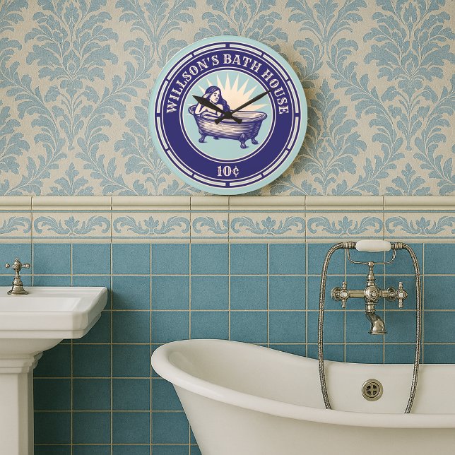 Vintage Holzschnitt Bath House-Beschreibung Große Wanduhr (Von Creator hochgeladen)