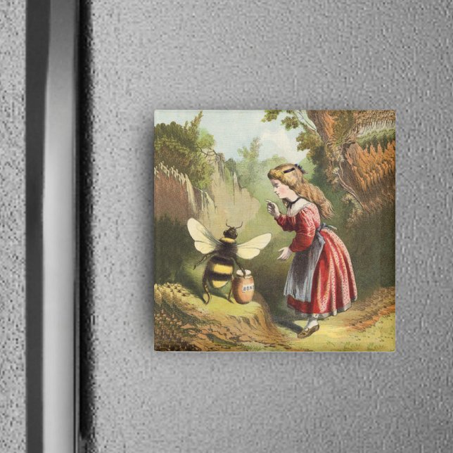 Vintage Honigbiene mit Girl Magnet (Victorian little girl in woods with bee guarding honey pot on square magnet.)
