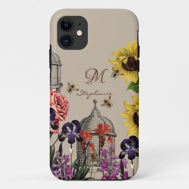 Vintage Honigbiene und Sonnenblumenmonogramm Case-Mate iPhone Hülle (Rückseite)