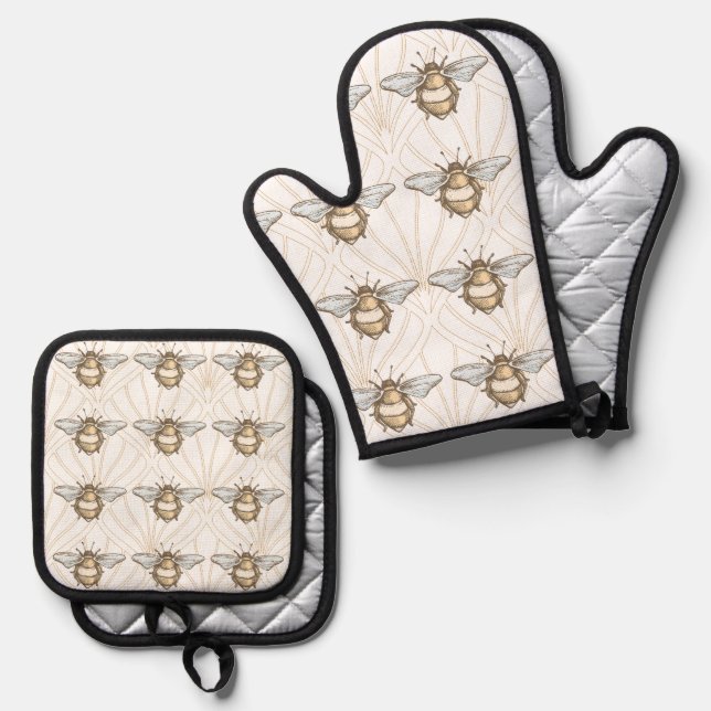Vintage Honigbienen Ofenhandschuh & Topflappen-Set (Vorderseite/Rückseite)