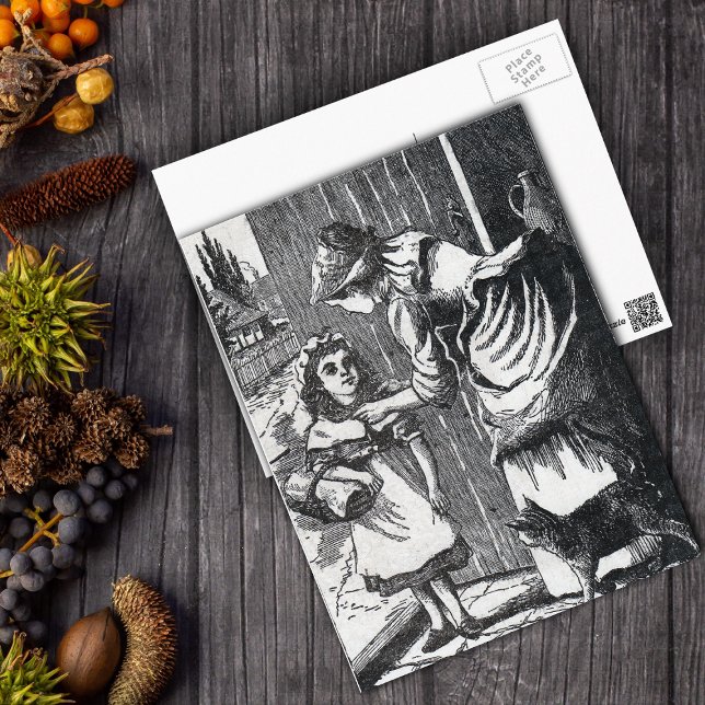 Vintage Hood Mütter warnen Postkarte (Black and white Little Red riding hood with her mother cat on postcard.)