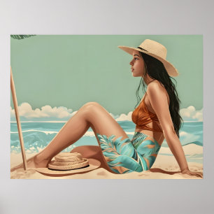 Vintage hübsche Frau sitzt auf dem Sandstrand Poster
