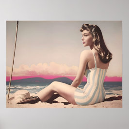 Vintage Hübsche Frauen sitzen am Strand Poster