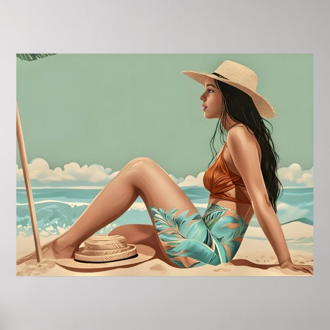 Vintage Hübsche Frauen sitzen am Strand Poster (Vorne)