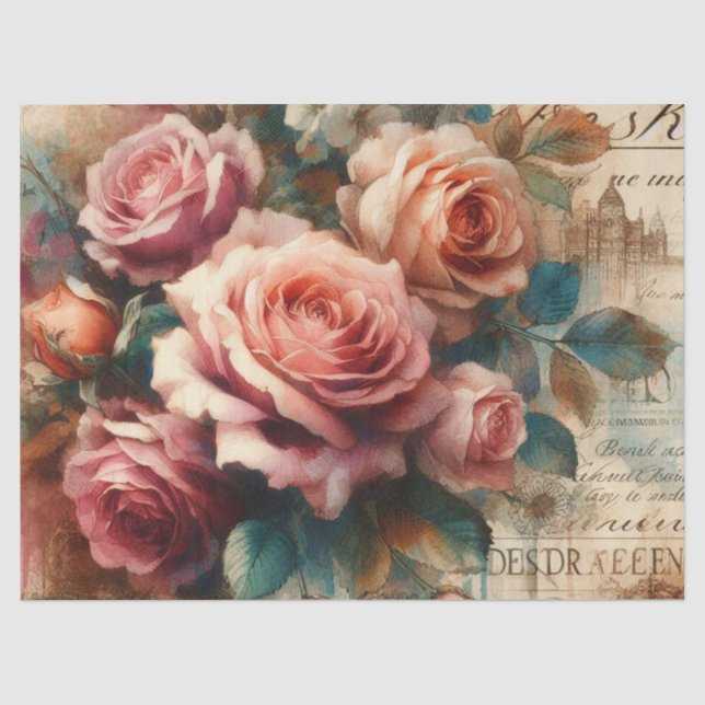 Vintage Hübsche Rose und botanische Collage Decoup Seidenpapier (Vorderseite)