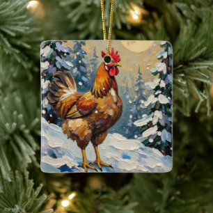 Vintage-Huhn im schneebedeckten Weihnachtswunderla Keramikornament