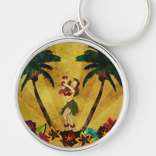 Vintage Hula Mädchen-Palme-Schlüsselkette Schlüsselanhänger (Vorne)