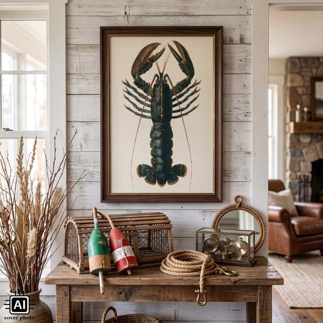 Vintage Hummer, marines Leben Poster (Vintage illustration marine sea life arthropod; a lobster with large front claws and an exoskeleton.)