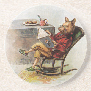 Vintage Humor, Schwein im Schaukelstuhl lesend Getränkeuntersetzer