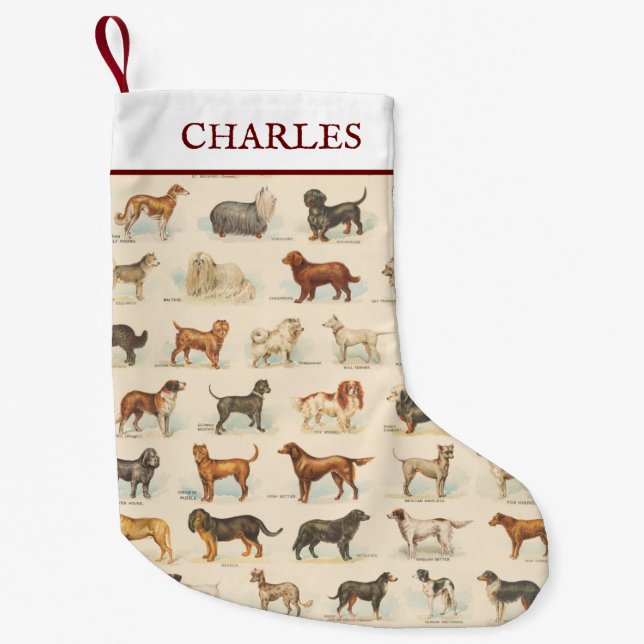 Vintage Hunde-Rasse Zeichnungen Gemustert Custom Kleiner Weihnachtsstrumpf (Vorderseite)