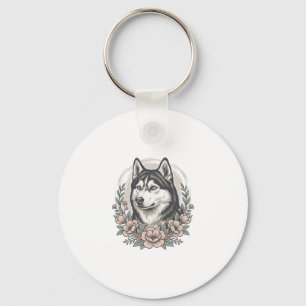 Vintage-Husky-Blumenportrait-Shirt-Design_1 Schlüsselanhänger