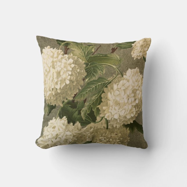 Vintage Hydrangea, Weiß Grün und Graublume Kissen (Vorderseite)