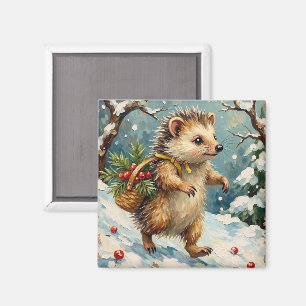 Vintage Igel mit Weihnachtsbeerkorb Magnet