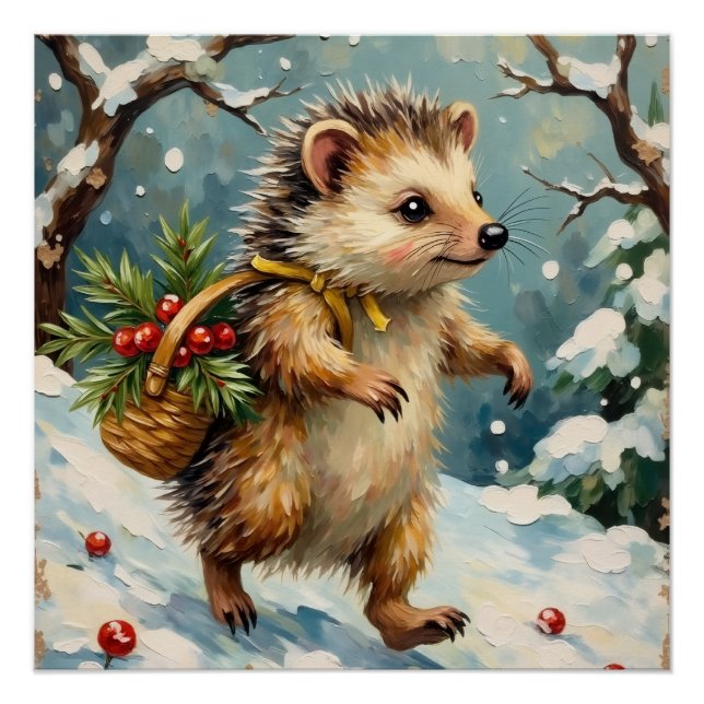 Vintage-Igel mit Weihnachtsbeerkorb Poster (Vorderseite)