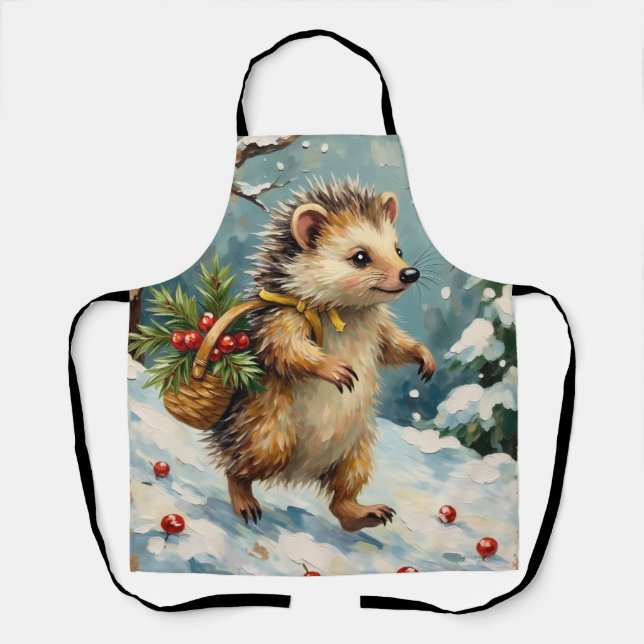 Vintage Igel mit Weihnachtsbeerkorb Schürze (Vorderseite)