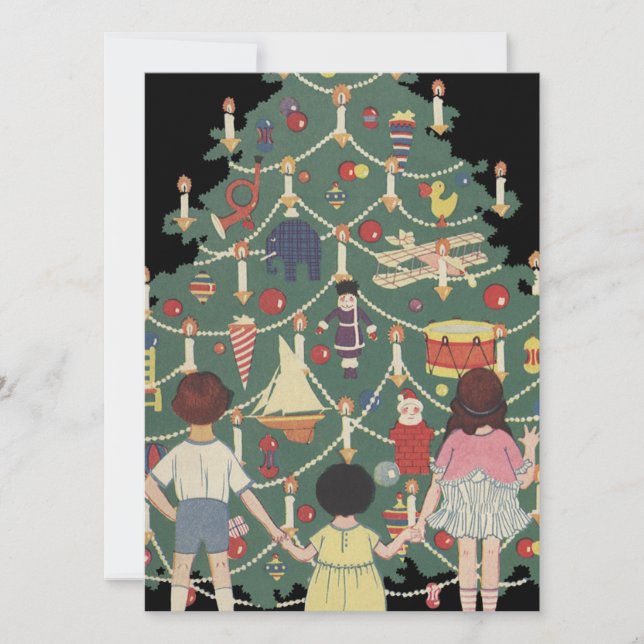 Vintage Illustration - Christbaum und Kinder Einladung (Vorderseite)