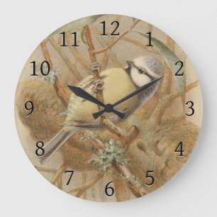 Vintage-Illustration einer Blaumeise Große Wanduhr