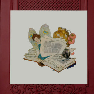 Vintage-Illustration einer Bücherwurmfee Fliese