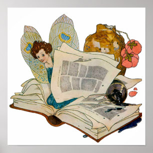 Vintage-Illustration einer Bücherwurmfee Poster