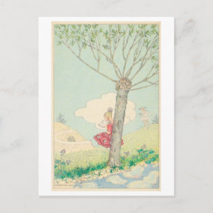 Vintage-Illustration eines Mädchens, das neben ein Postkarte