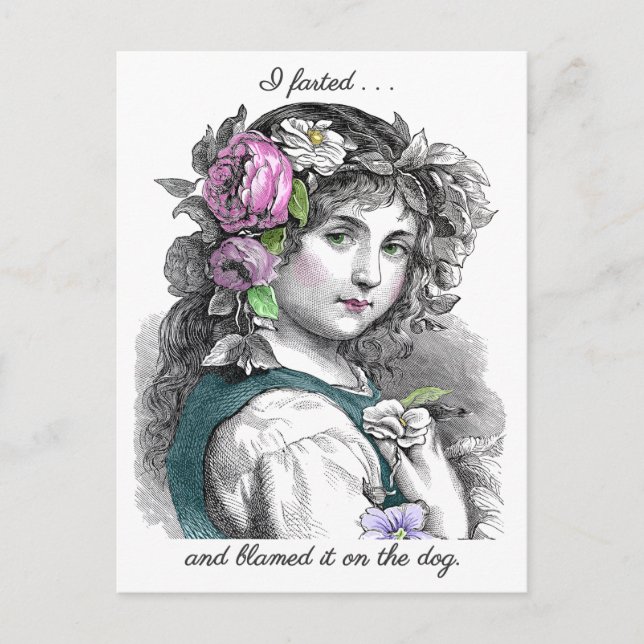 Vintage Illustration Hübsch Girl Furzen Funny Postkarte (Vorderseite)