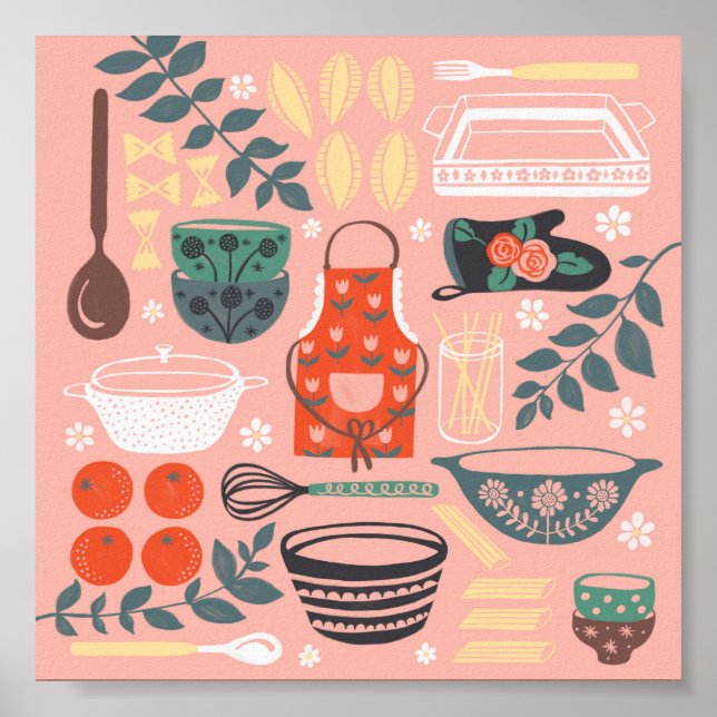 Vintage Illustration in Rosa und Grüne Küche Poster (Vorne)
