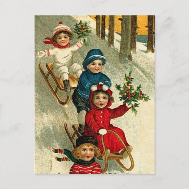 Vintage Illustration Kinder im Winter Schlitten Postkarte (Vorderseite)