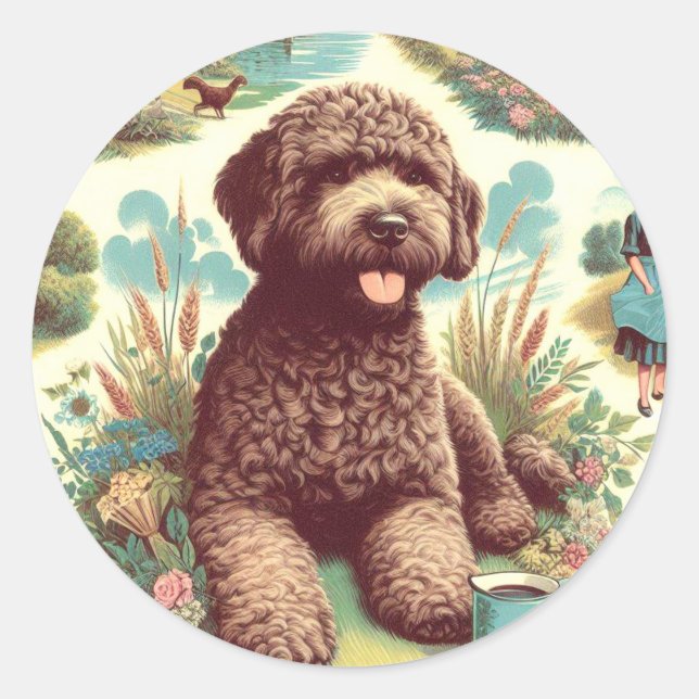 Vintage Illustration Lagotto Romagnolo Runder Aufkleber (Vorderseite)