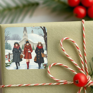 Vintage Illustration Menschen gehen zur Kirche Quadratischer Aufkleber